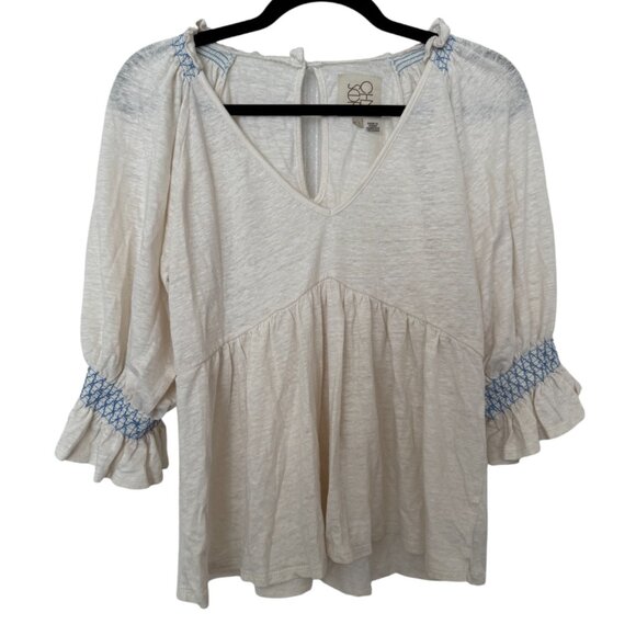 Chaser Tops - Chaser Cream Boho Baby Doll Quarter Sleeve V-Neck Flowy Top - Small